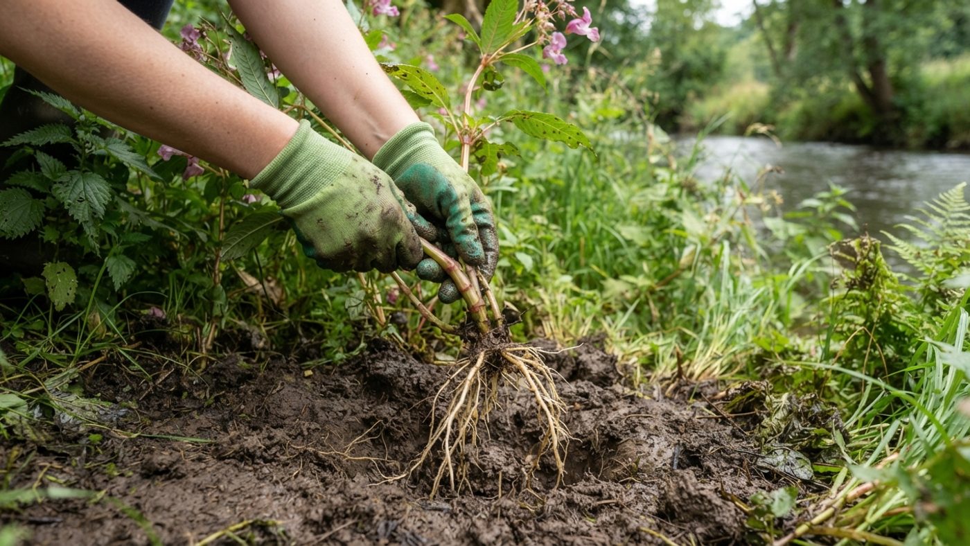 Gloved hands pulling a Himalayan balsam plant from the ground, its shallow roots visible