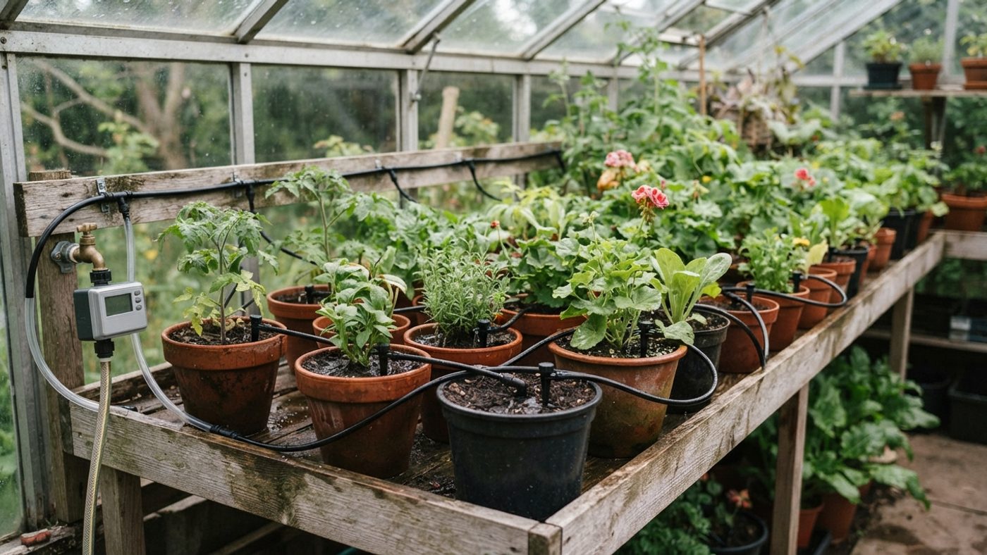 A simple drip irrigation kit with tubing and drippers set up among greenhouse container plants
