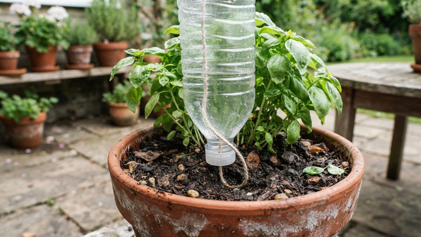 An upturned bottle used as an improvised watering wick in a potted plant