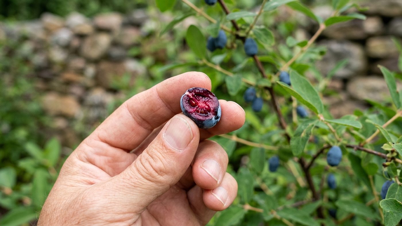 A bare hand holding an oval blue honeyberry cut in half, showing deep purple-red flesh inside