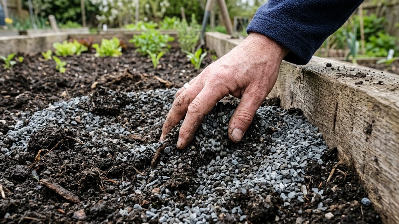 A hand mixing horticultural grit into soil in a raised bed
