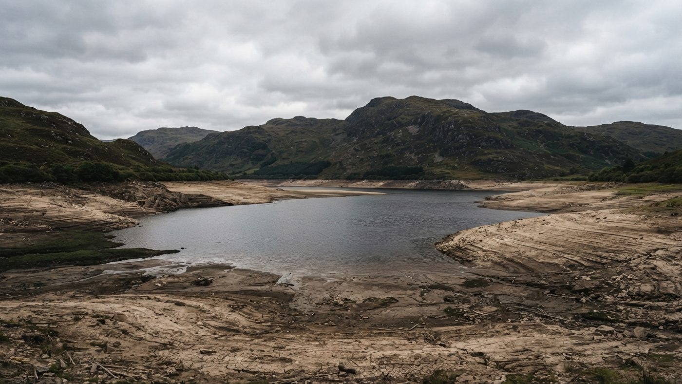 A Scottish reservoir with a visibly low water line, exposed muddy banks showing how far the water has dropped