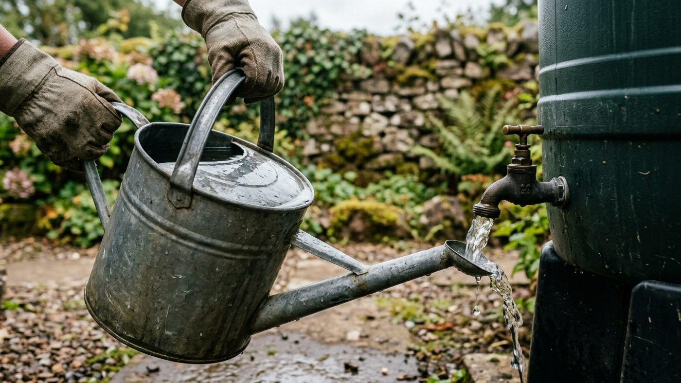 A metal watering can being filled from the tap of a garden water butt