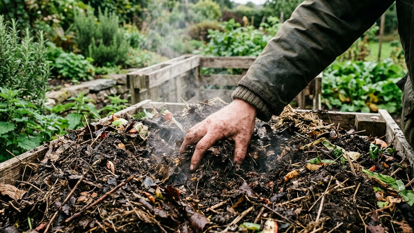 A hand pushed into the steaming centre of a compost heap, testing the heat, with visible steam rising