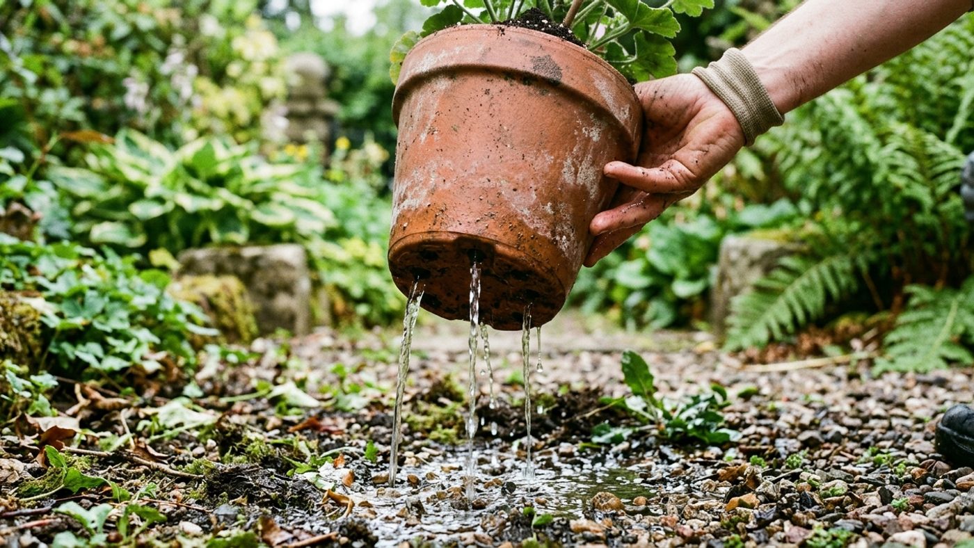Water running from the drainage holes in the base of a terracotta plant pot after thorough watering