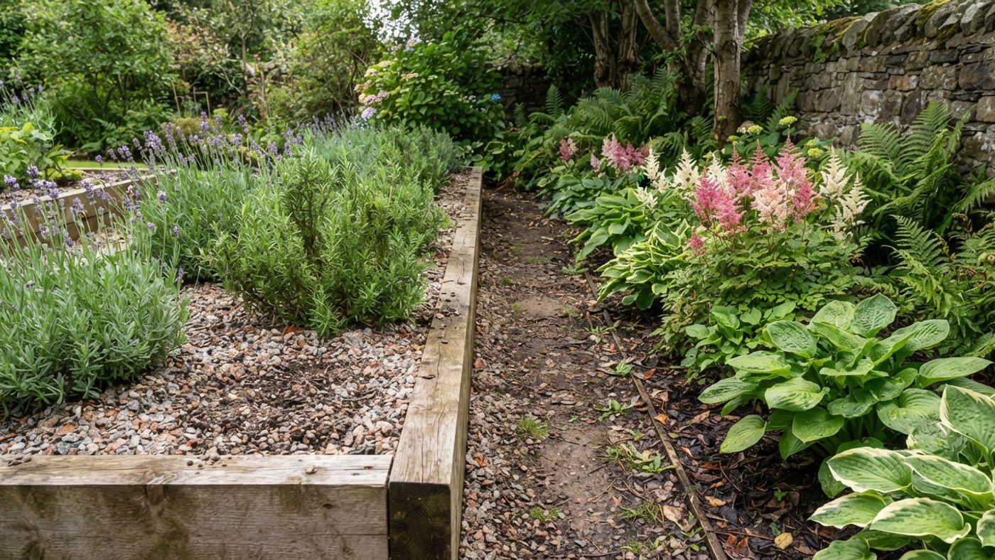 Lavender and rosemary growing in a raised, free-draining gritty bed next to hostas and astilbes thriving in a damp, shaded border