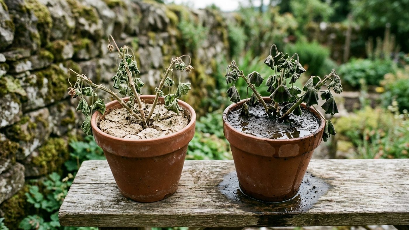 A wilting potted plant in dry, cracked soil next to another wilting potted plant sitting in dark, waterlogged soil