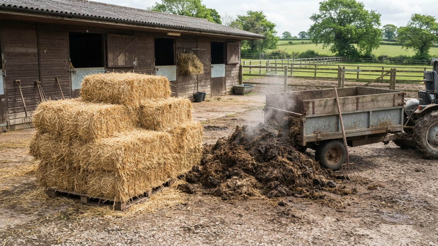 Bales of straw and a pile of fresh manure at a stable yard, ready for collection