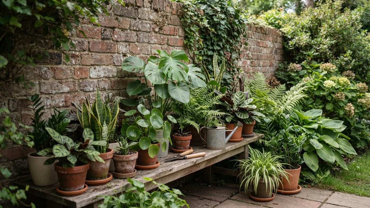 Houseplants staged in a sheltered, partly shaded spot to harden off before full sun