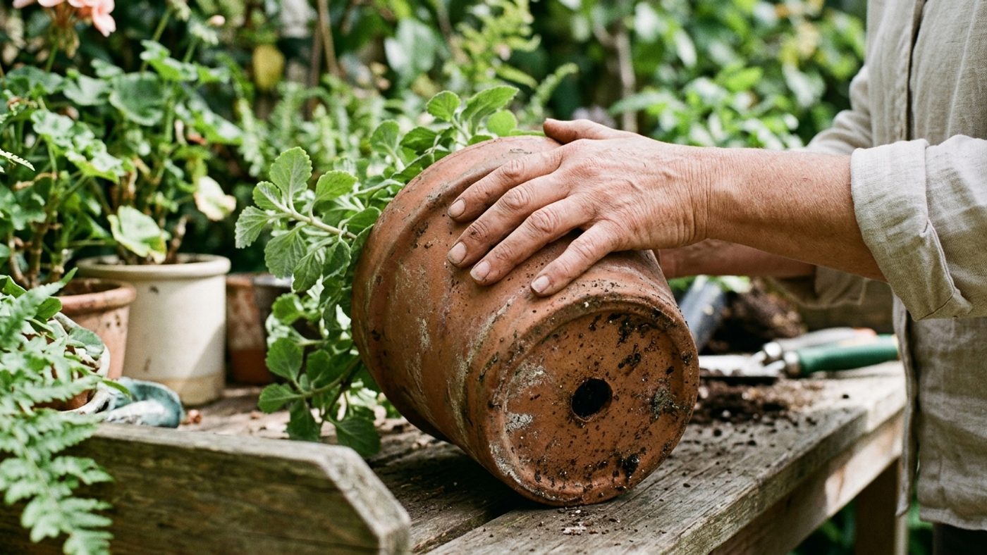 A hand tipping a plant pot to check underneath for pests before bringing it back indoors