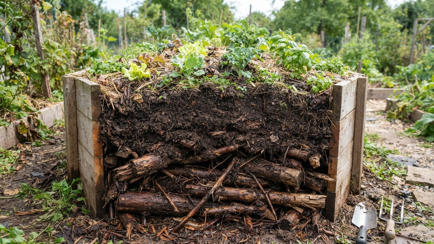 A labelled cross-section illustration of a hugelkultur mound showing buried logs beneath layers of soil