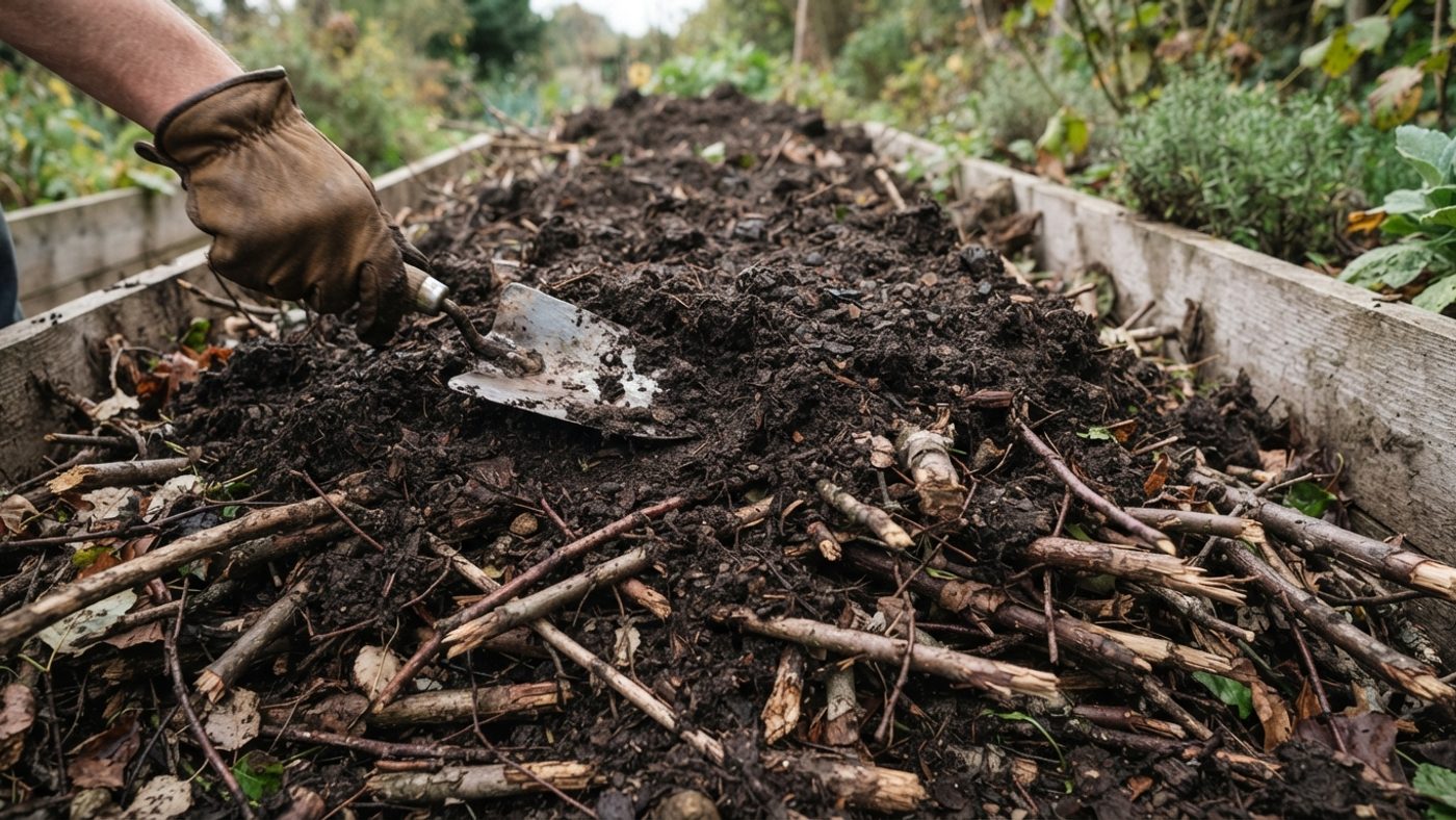 Soil and compost being layered on top of stacked branches to build a hugelkultur mound
