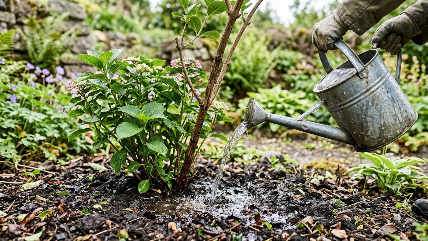 A watering can applying a dissolved treatment around the root zone of a hydrangea shrub, not directly against the stem