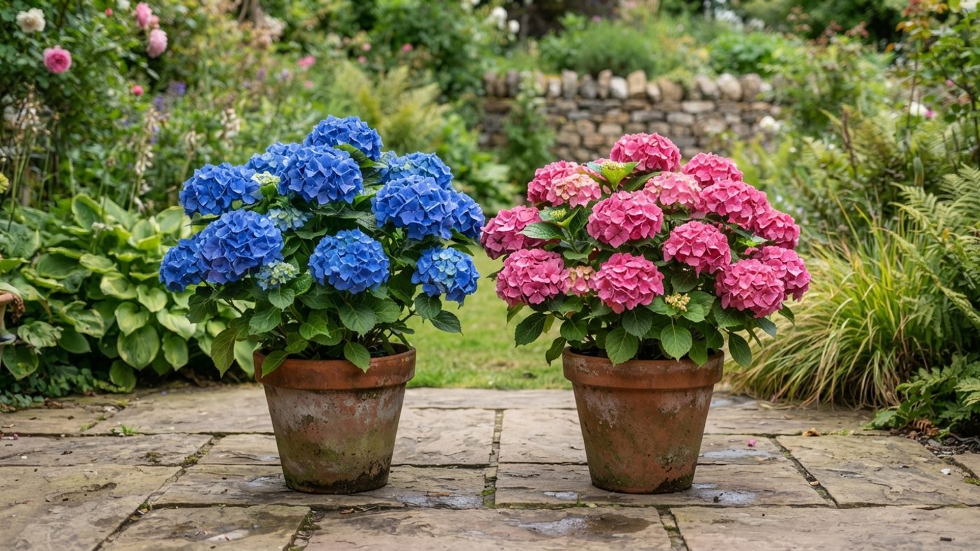 A blue hydrangea growing in a pot of ericaceous compost next to a pink hydrangea growing in a pot of ordinary compost