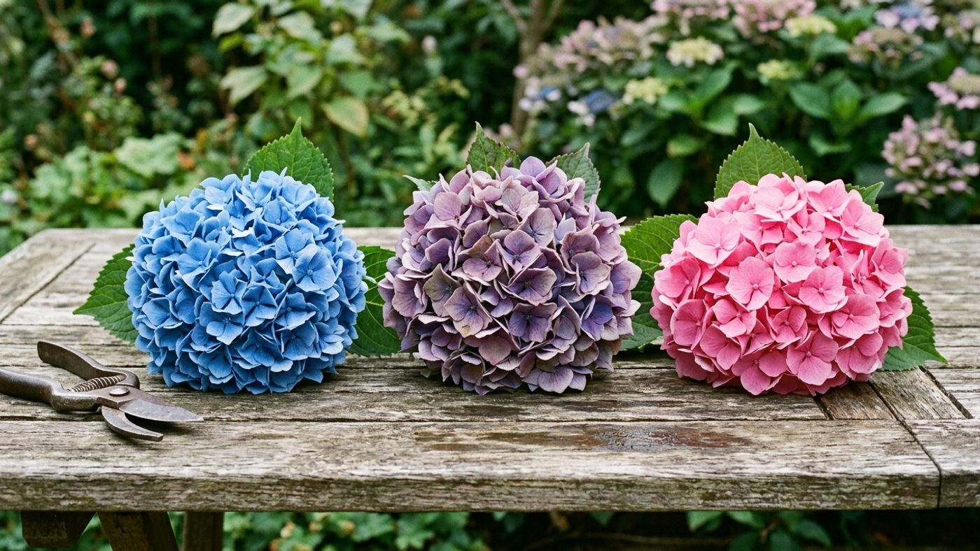 Three hydrangea flowerheads side by side showing the colour spectrum from blue through mauve to pink