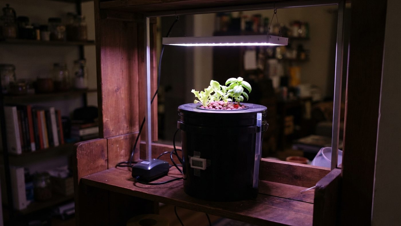 A small grow light panel positioned above a hydroponic bucket setup indoors