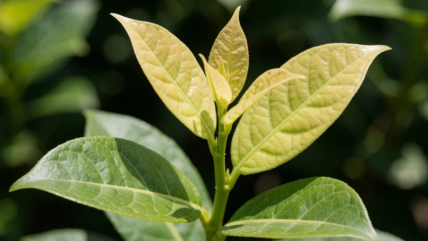 The newest, youngest leaves at a plant's growing tip pale yellow, with older leaves further down the stem still green and healthy