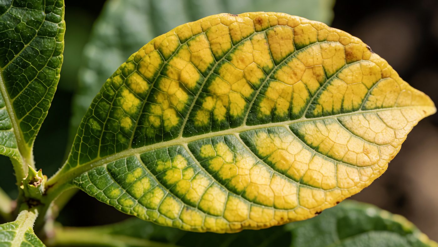 A leaf showing yellow discolouration between the veins while the veins themselves stay distinctly green