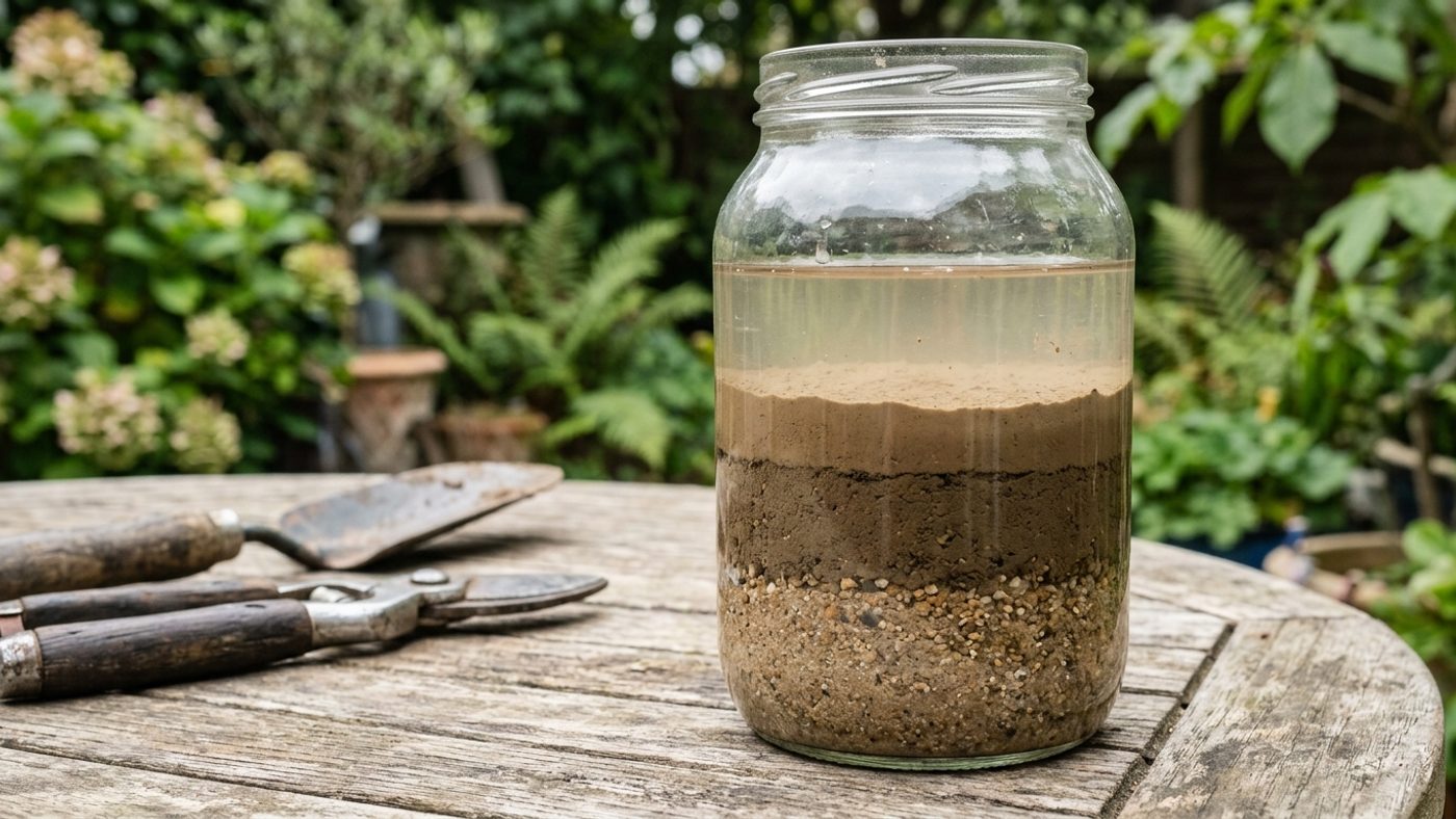 A clear glass jar filled with water and soil settled into three distinct layers, sand at the bottom, silt above it, clay on top