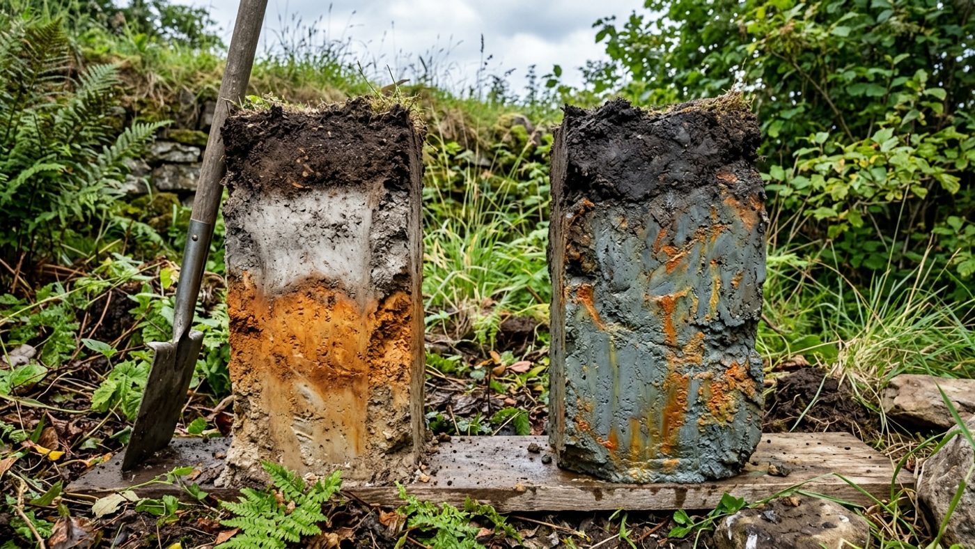 A podzol soil profile with a pale grey band above an orange-rust band next to a gley profile with grey ground mottled green and blue