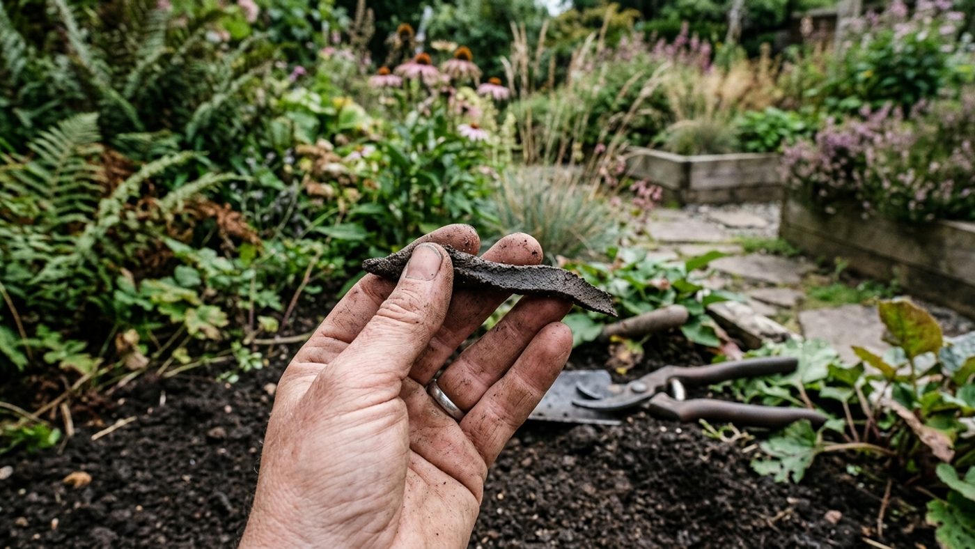 A hand rolling a sample of soil between thumb and forefinger, pushing it into a flat ribbon shape