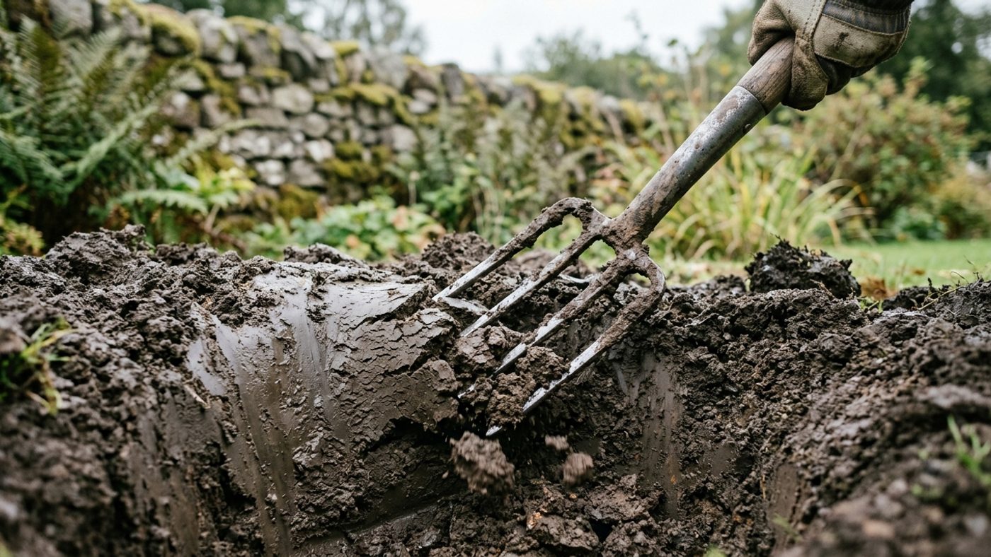 A garden fork pricking and breaking up the smooth, glazed sides of a planting hole dug into clay soil
