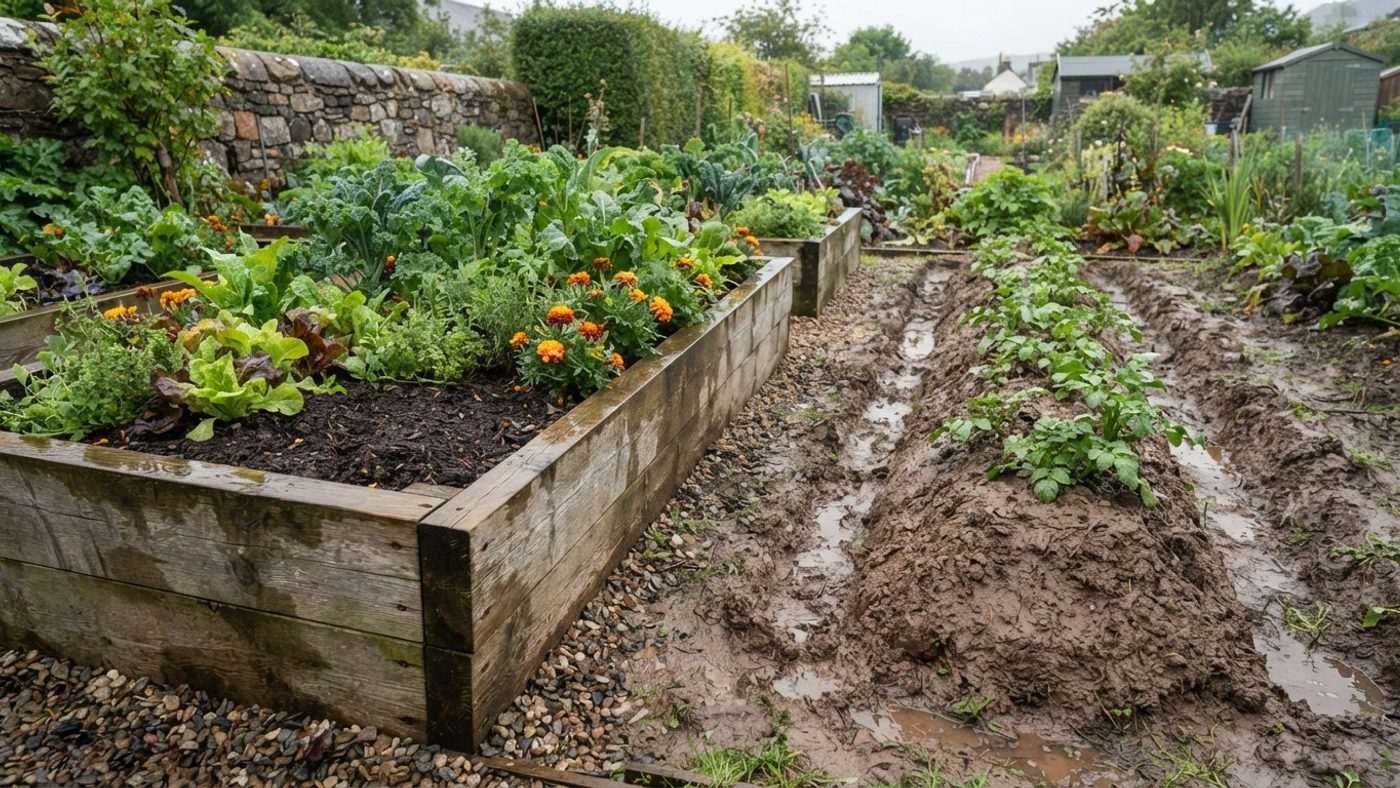 A wooden-sided raised bed with healthy plants above ground level next to a row of soil mounded into a narrow ridge with furrows