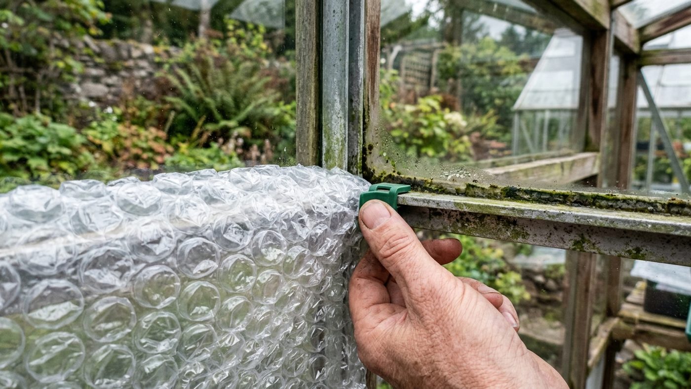 Large-bubble horticultural bubble wrap being fixed to a greenhouse glazing bar with a plastic clip