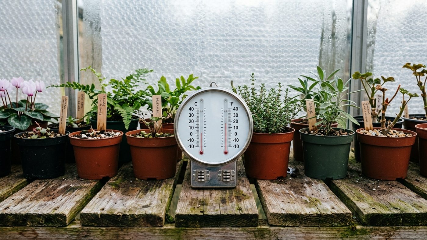 A maximum/minimum thermometer positioned on greenhouse staging near overwintering plants