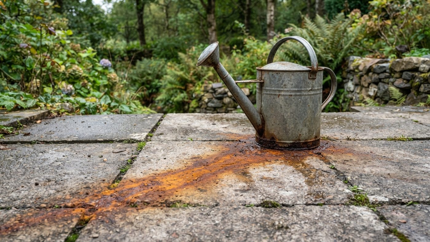 A rust-orange stain spreading across grey patio slabs near a watering can