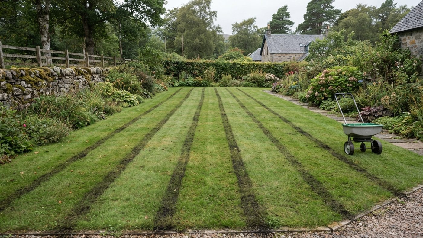 A lawn with faint dark striped bands running across it in a pattern matching a spreader path