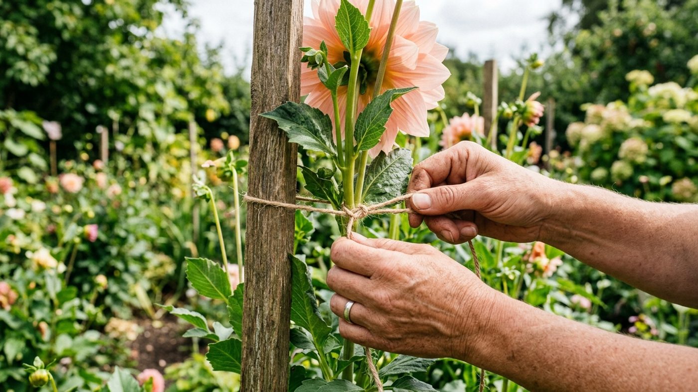 Hands tying a tall dahlia stem to a sturdy garden stake
