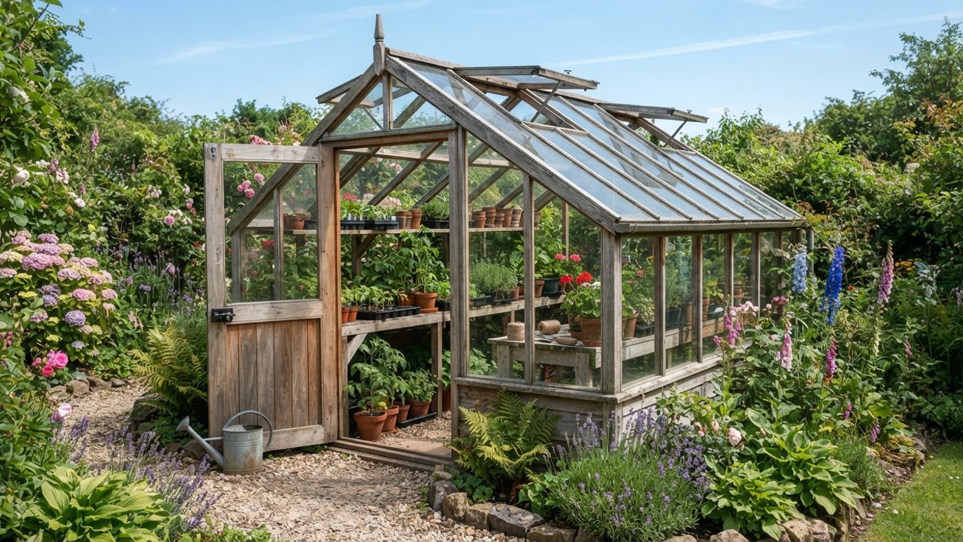 A greenhouse door and roof vents left open for ventilation on a hot day