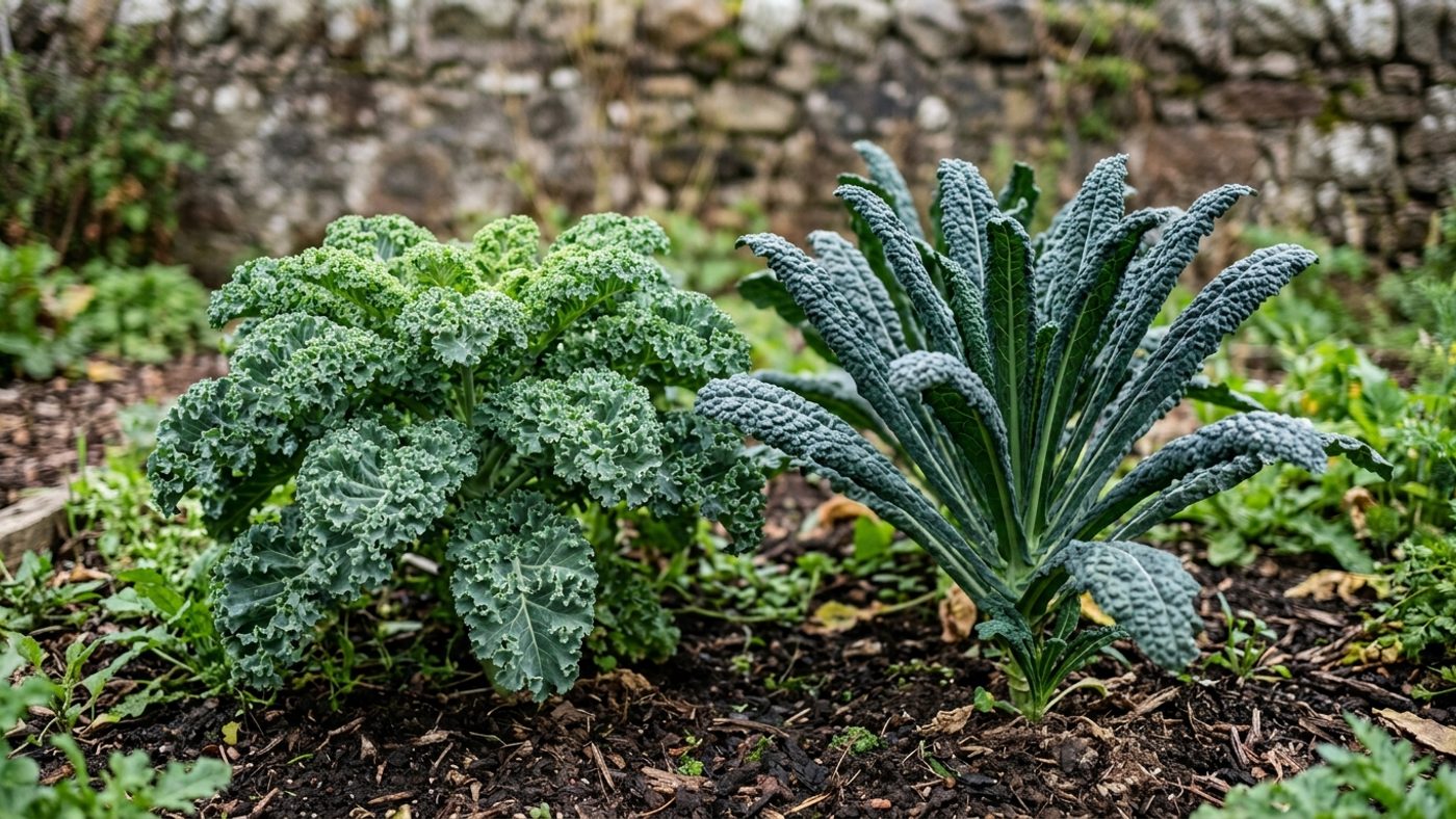 Curly kale with ruffled frilly leaves next to cavolo nero with narrow dark puckered leaves