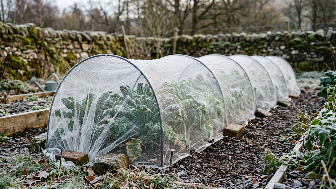 Insect-proof mesh netting over hoops covering a row of kale plants in winter