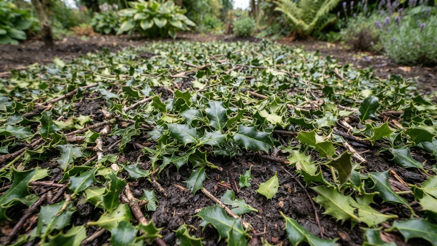 A prickly mulch of holly clippings spread over a garden bed as a deterrent