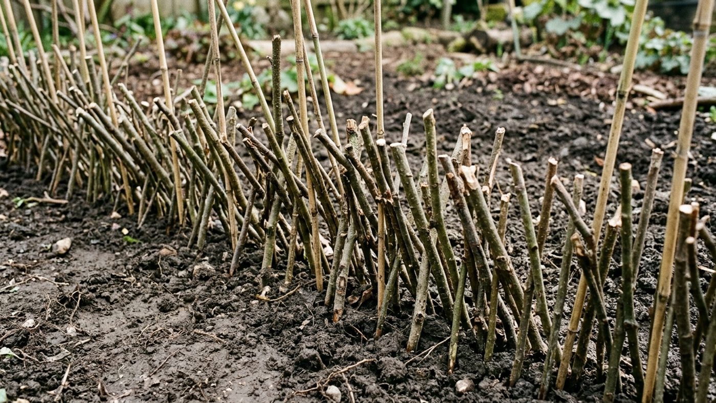 Twigs and short canes pushed into bare soil to deter digging