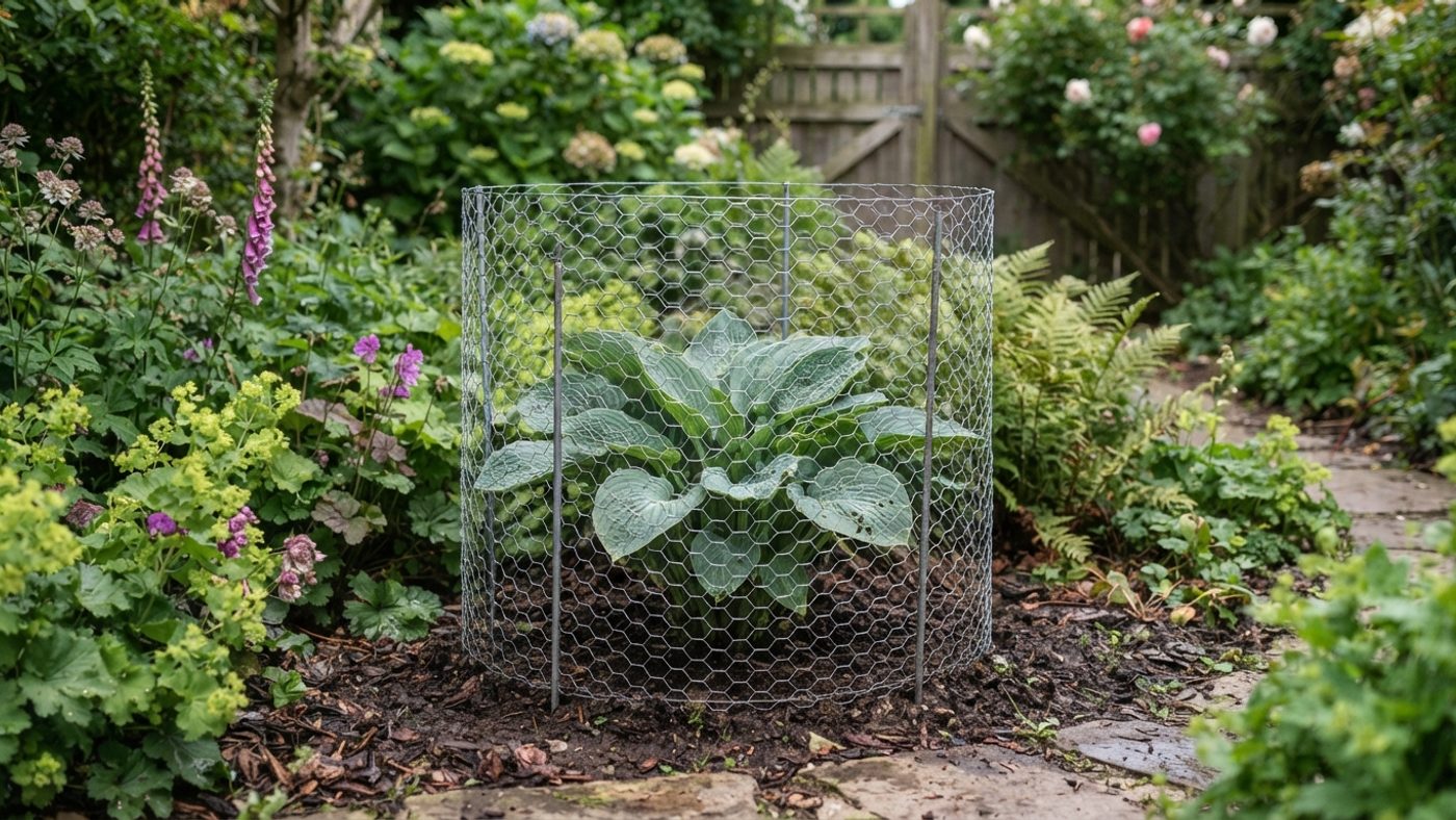 A netting cage protecting a vulnerable hosta plant in a border