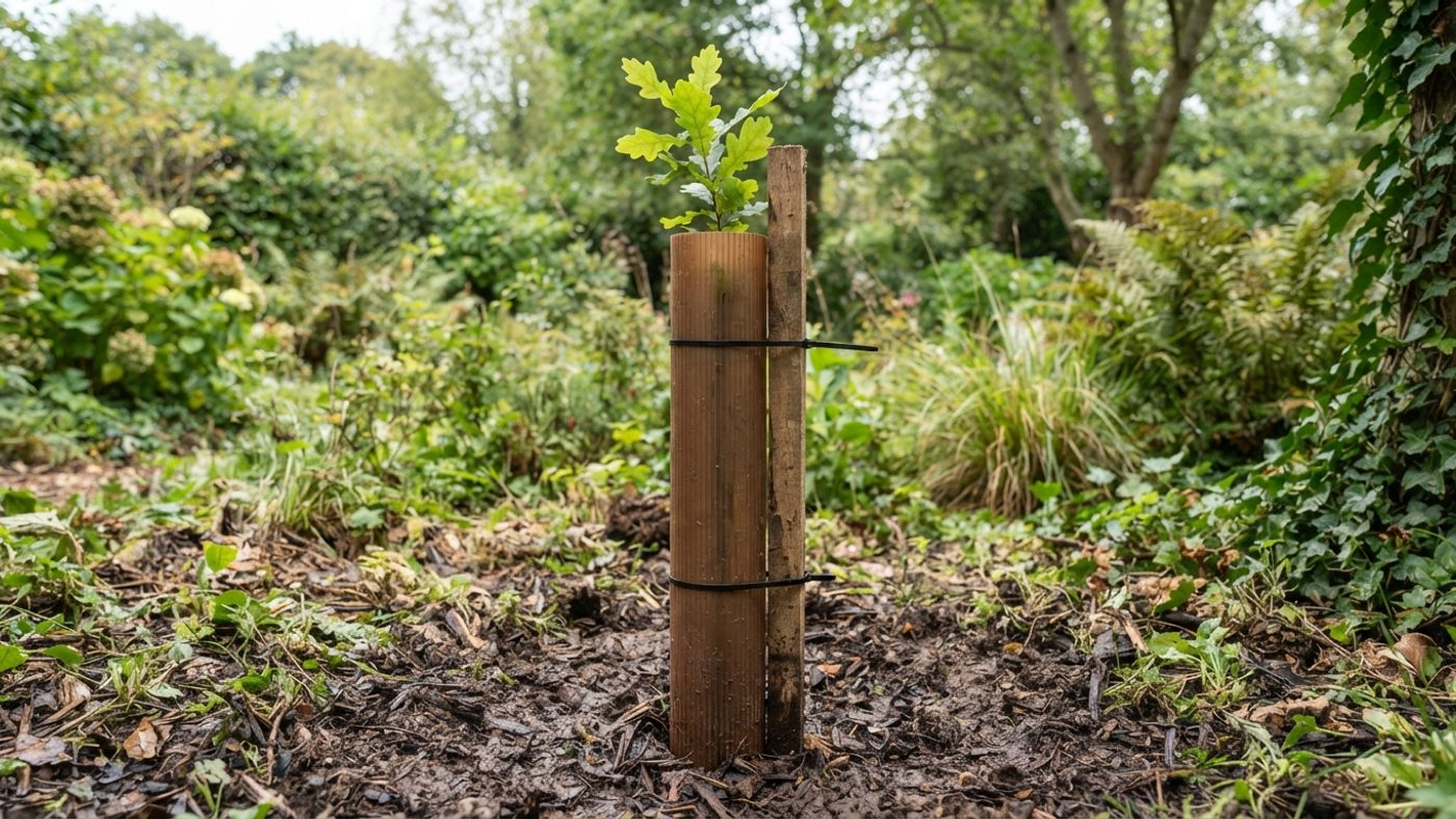 A young tree protected by a tall plastic guard tube in a garden