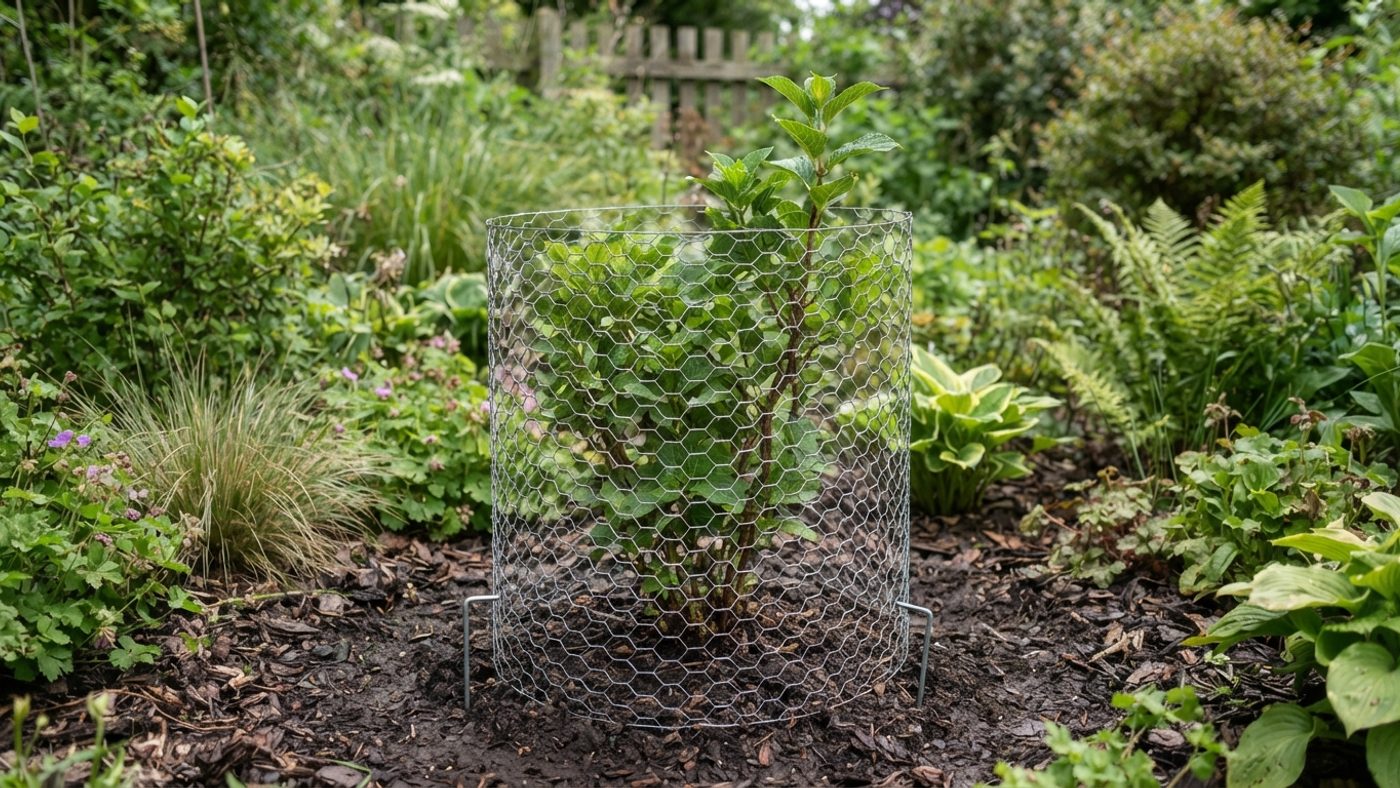 A cylinder of netting around the base of a young shrub to protect it