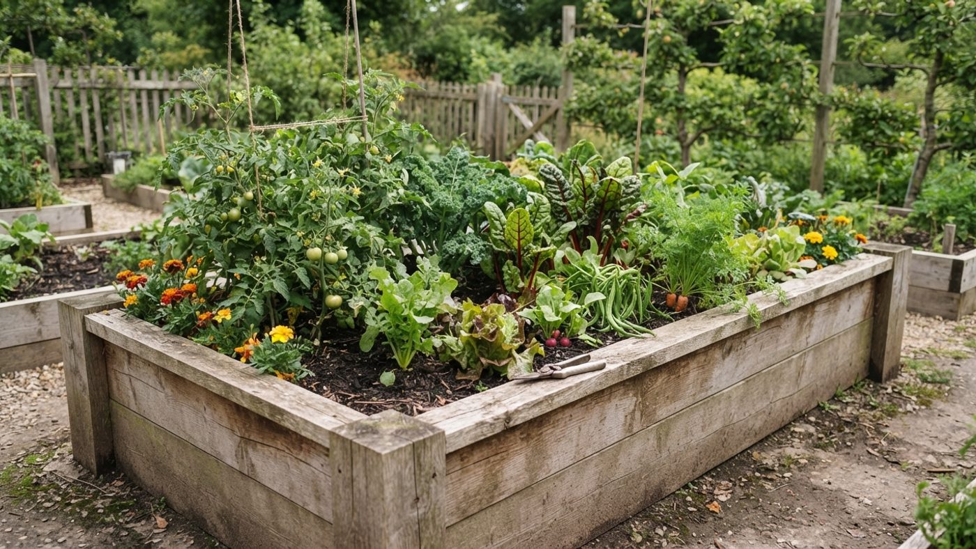 A raised bed with solid timber sides used as a vegetable plot