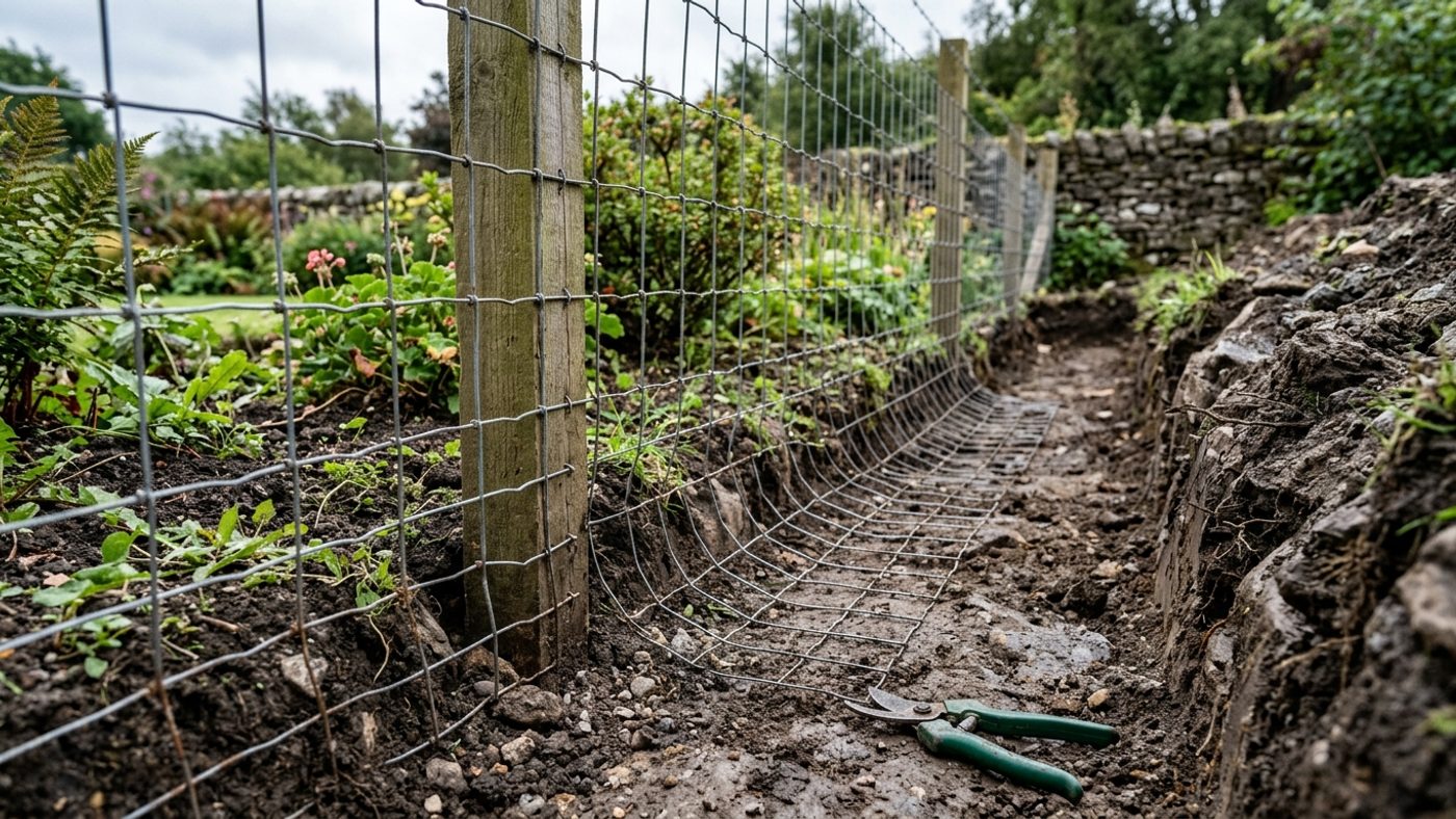 A wire mesh fence in an open trench with the buried section bent outward away from the garden at the base