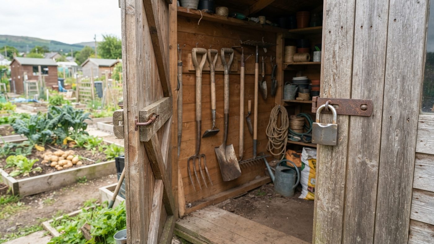 Garden tools stored neatly inside a locked wooden shed rather than left out in the open