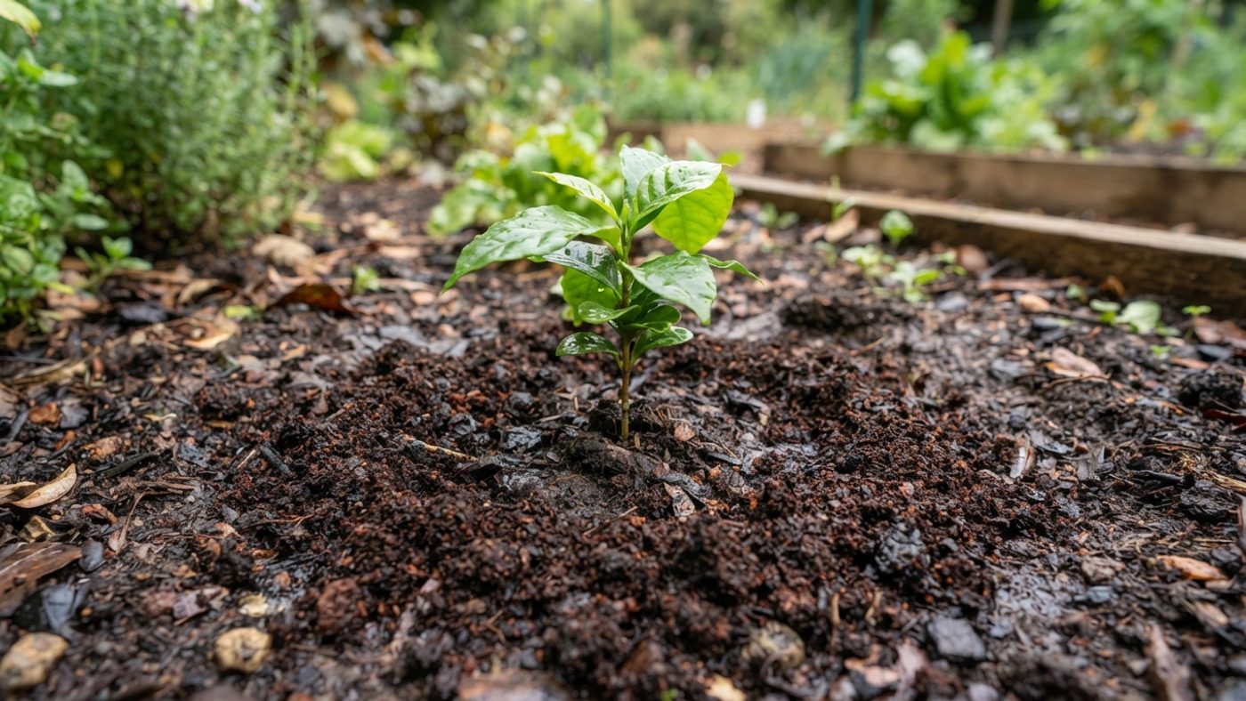 Used coffee grounds scattered on soil around a young plant