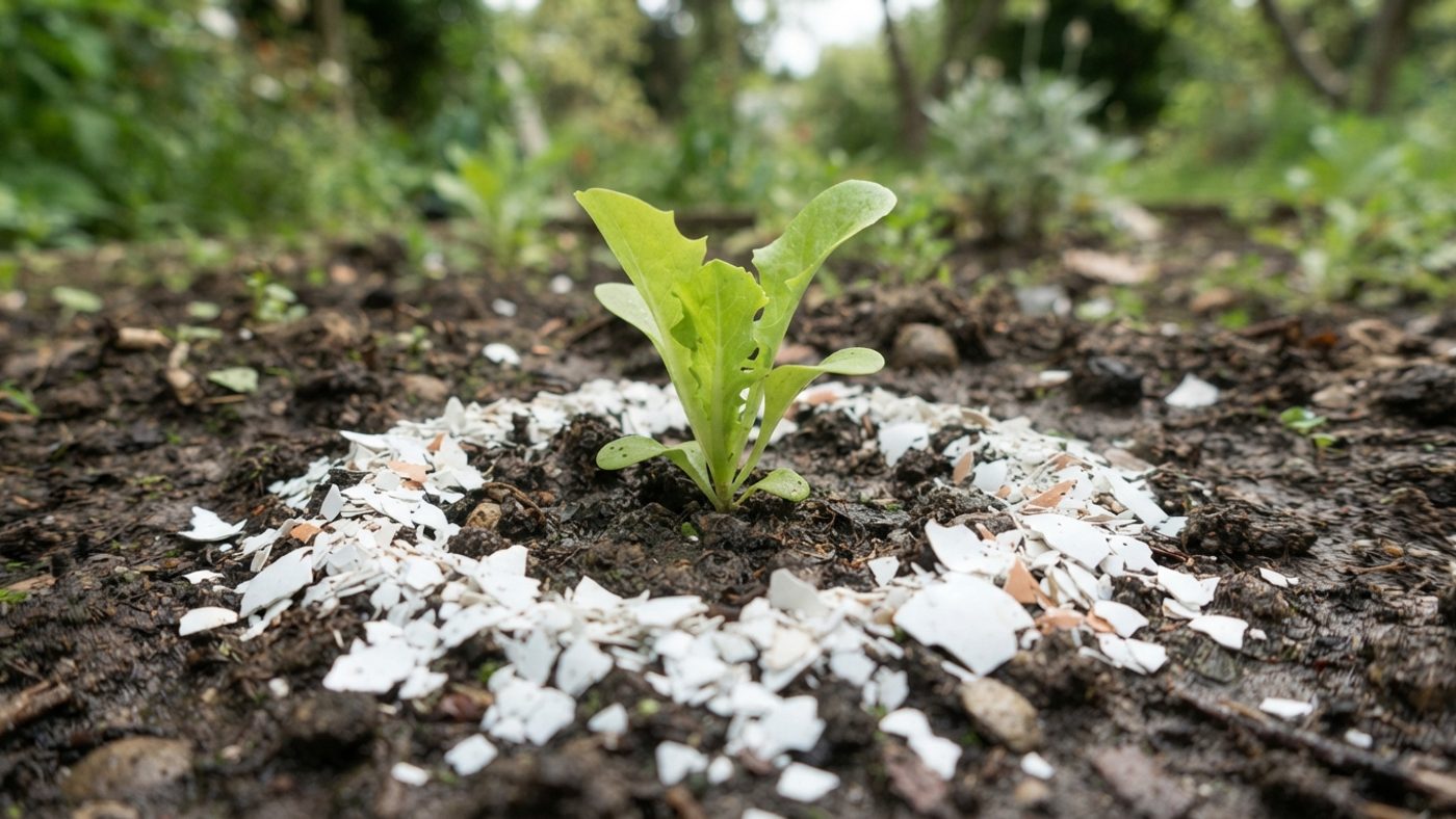 Crushed eggshells scattered around a seedling in soil