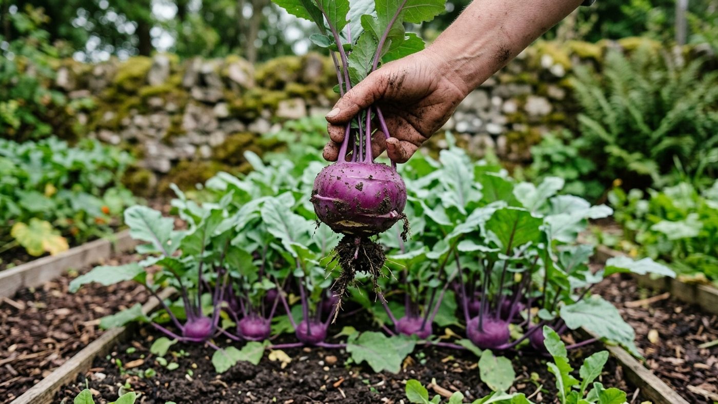 A hand holding a freshly pulled purple kohlrabi bulb about the size of a tennis ball, with smaller bulbs still growing in the row behind