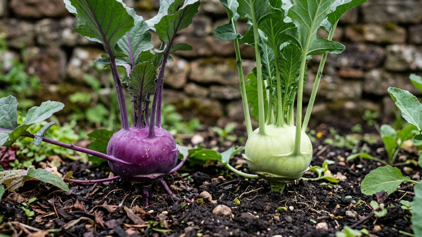 A purple kohlrabi bulb next to a pale green kohlrabi bulb, both with swollen stems above the soil