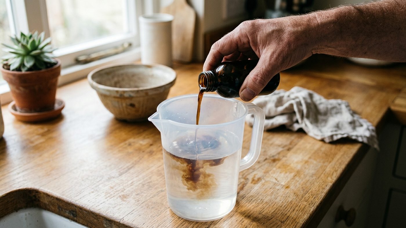 A hand mixing liquid nutrient solution into a jug of water for a hydroponic reservoir