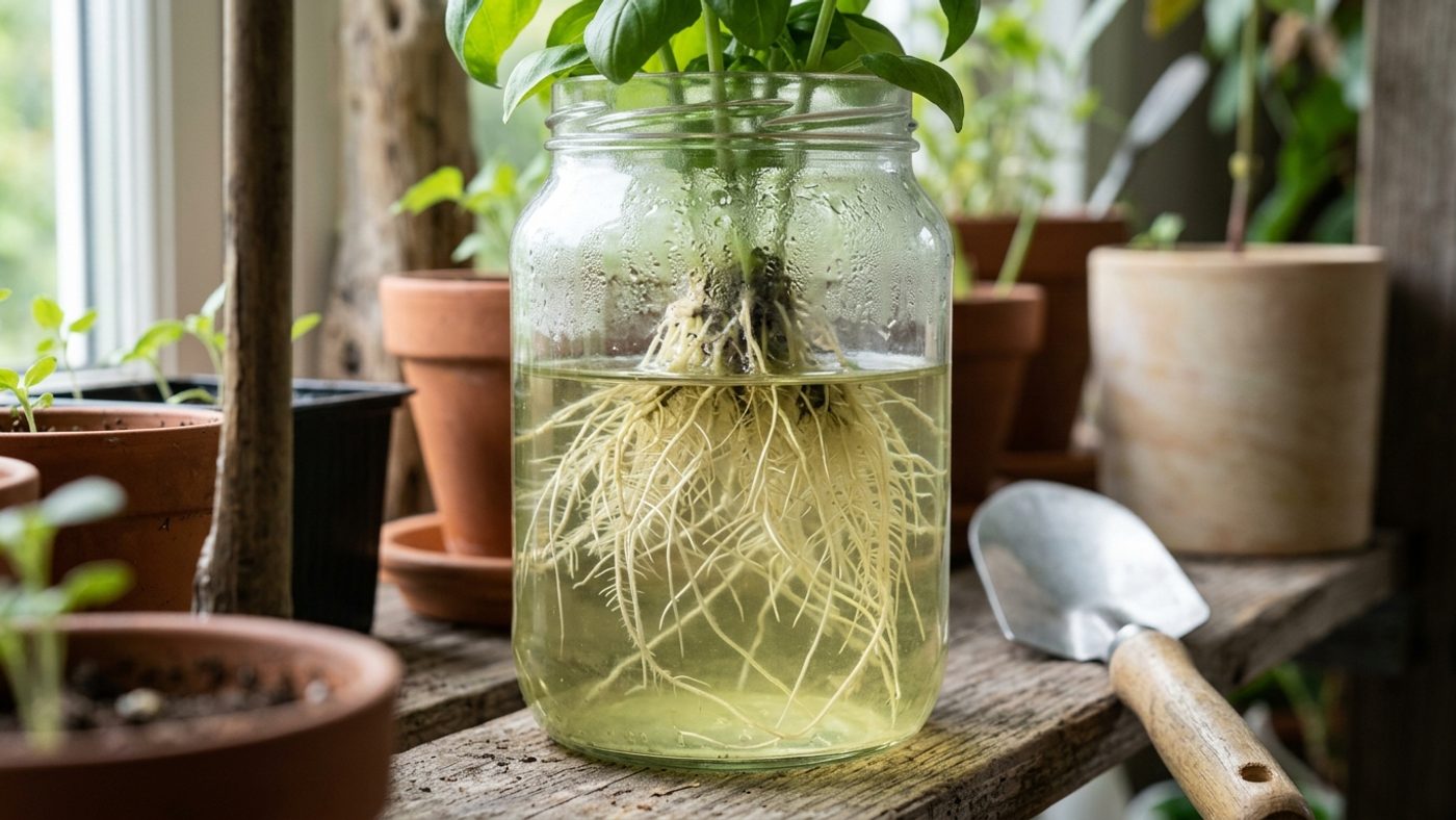 A close-up of pale hydroponic roots with an air gap above a dropping water line