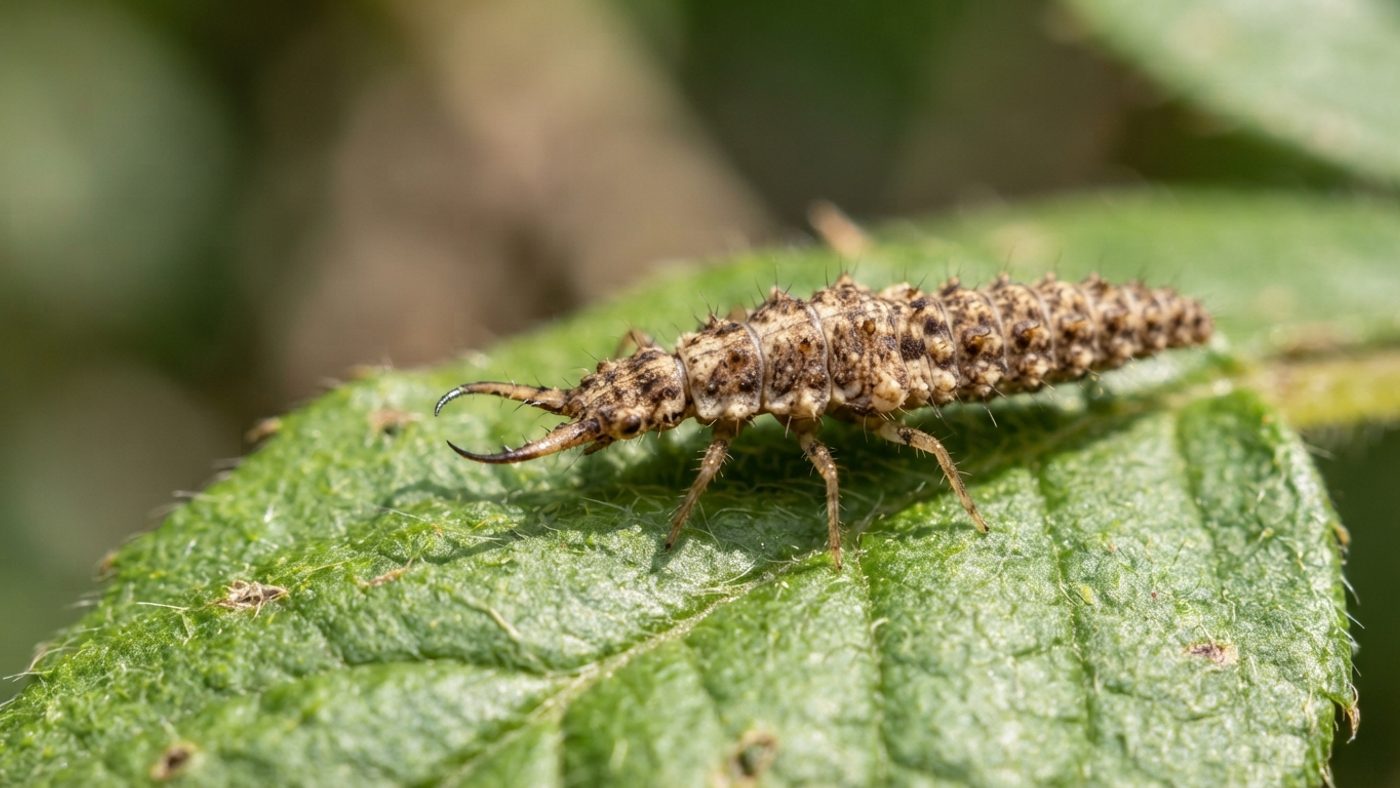 A close-up of an alligator-shaped lacewing larva hunting on a leaf
